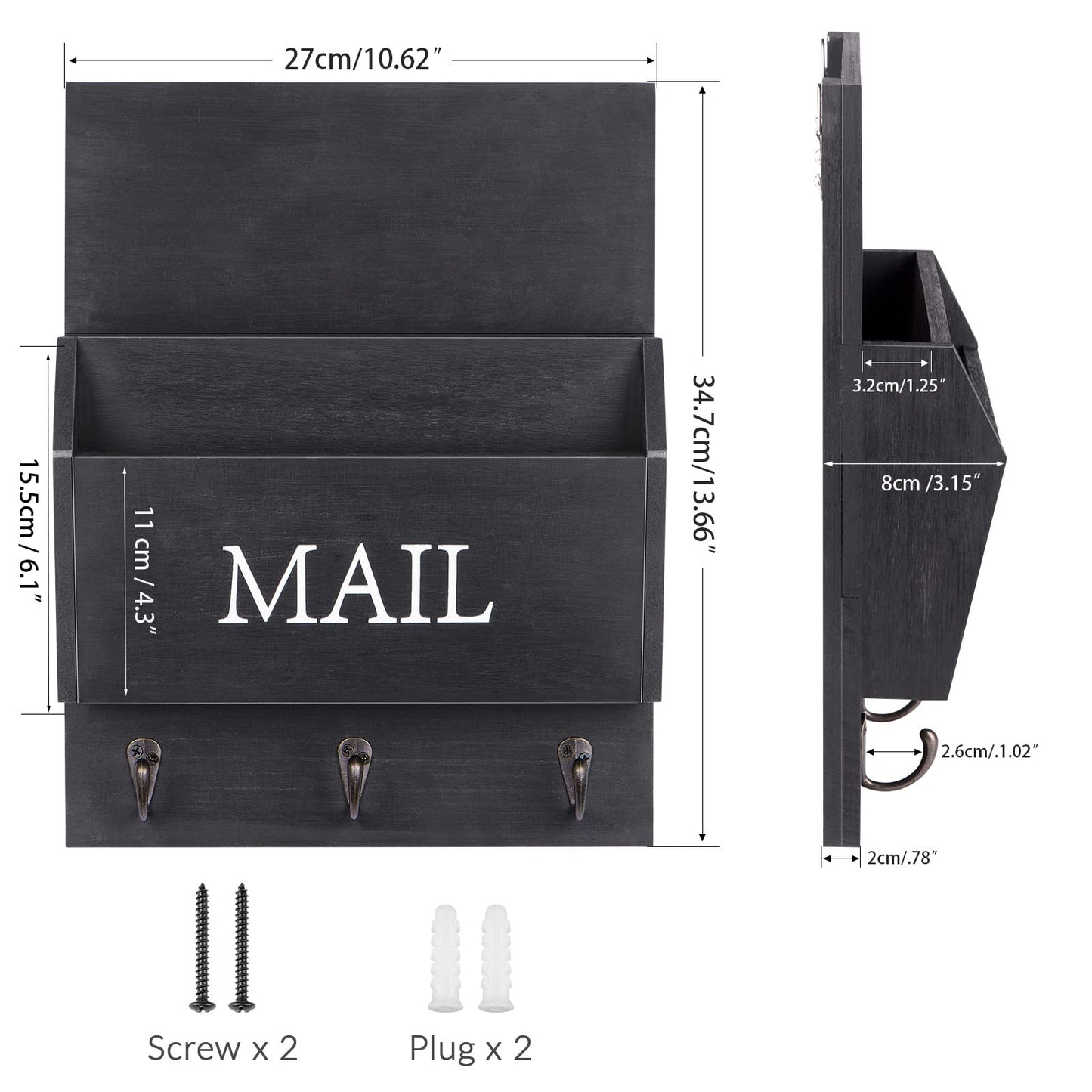 DLQuarts Mail Organizer with Key Holder for Wall, Mail Sorter Wall Mounted, Decorative Wooden Key and Mail Holder with 3 Hooks, Black