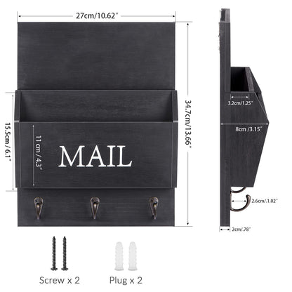 DLQuarts Mail Organizer with Key Holder for Wall, Mail Sorter Wall Mounted, Decorative Wooden Key and Mail Holder with 3 Hooks, Black