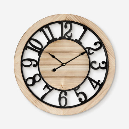 Maxstar 16'' Wall Clock for Living Room Decor, Ultra-Silent Rustic Wooden Farmhouse Wall Clock with Metal & Real Wood Frame, Battery Operated, for Kitchen Bedroom Office, Arabic Numerals