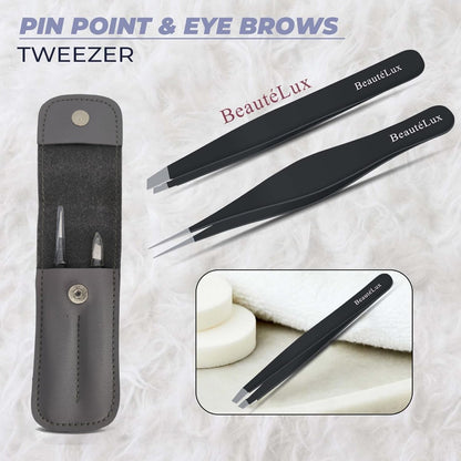 BeautéLux Precision Tweezer Set – Slant & Pointed Tip Stainless Steel Eyebrow Tweezers with Leather Pouch, Professional Hair Removal for Ingrown Hair, Chin, Splinter & Blackhead