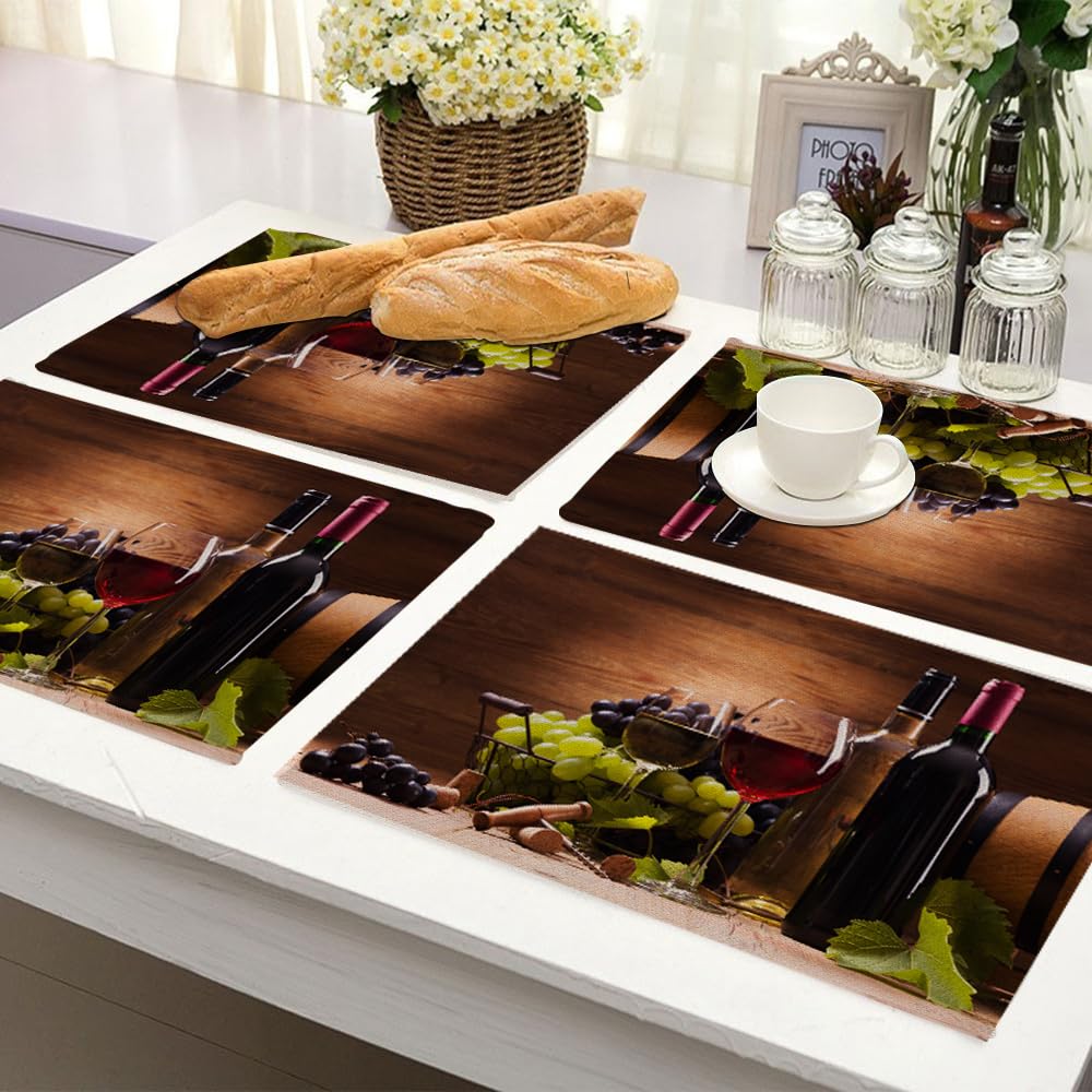 Y YIHANGBEST Red Wine Glasses Cloth Placemats Linen Dinner Mats Served with Grapes on Wooden Wipeable Set of 4 Placemats Table Pads Indoor Table Protectors Non Slip,12 * 18 Inch