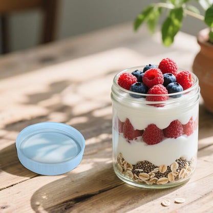 SHOWIN Overnight Oats Containers with Lids, 16oz Glass Jars with Lids 4 pcs, Light Blue, Wide Mouth Mason jars for Salad, Yogurt, Snacks, Meal Prep