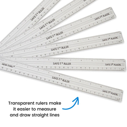 hand2mind Clear 12” Safe-T Plastic Ruler Set, Safety Ruler with Inches, Centimeters, and Millimeters, Semi-Flexible Ruler for Kids, Rulers Bulk for Classroom, School Supplies for Teachers (Set of 24)