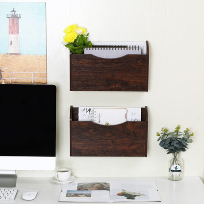 PAG Wall File Holder Wall Mounted Wood Hanging File Organizer for Office, 2 Pockets, Brown