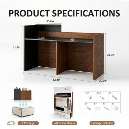 YTElantivo 63″ L-Shaped Reception Desk with Counter – Modern Office Front Desk for Salon, Clinic & Retail, Spacious Workstation, Easy Assembly, Black-Brown Receptionist Desk