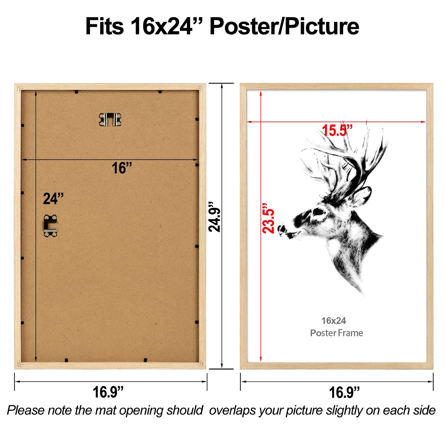 Yaetm 16x24 Picture Frames, Natural Solid Oak Wood Frame 16 x 24 inch, Ideal for Wall Gallery and Poster, Wall Mount (4 Pack, Oak)