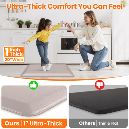 TranquilMoments Kitchen Mats for Floor, 1 Inch Extra-Thick Kitchen Rugs, Non-Slip & Waterproof Standing Desk Mat, Comfort Anti Fatigue Mats for Kitchen Floor, Home, Sink, Office (20" X 32", Khaki)
