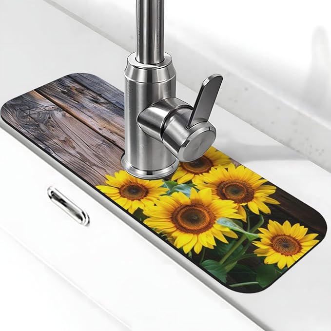 Kitchen Sink Splash Guard Faucet Mat Board Vintage Sunflowers 15"x5.5"