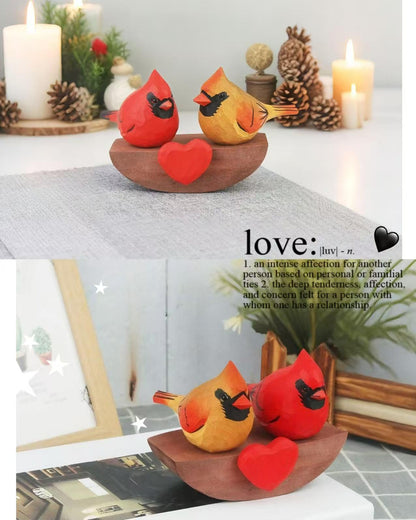 Xiyuelily Handmade Wooden Cardinal Figurines on Heart Base - Set of 3 Hand-Carved Male & Female Red Bird Statues - Romantic Couples Gift for Anniversary, Valentine's Day, Wedding & Home Decor Accents
