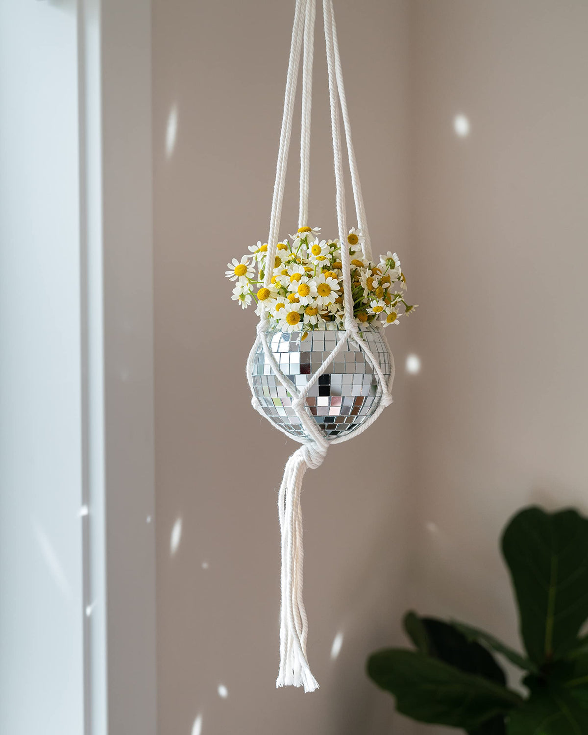 Havenstone Home Hanging Disco Ball Planter 8" - with Acrylic Stand and Macrame Plant Hanger - Home Décor, Room Décor, Patio or Boho Décor, Mirror Disco Planter, Disco Decor (4" Mini with Base)