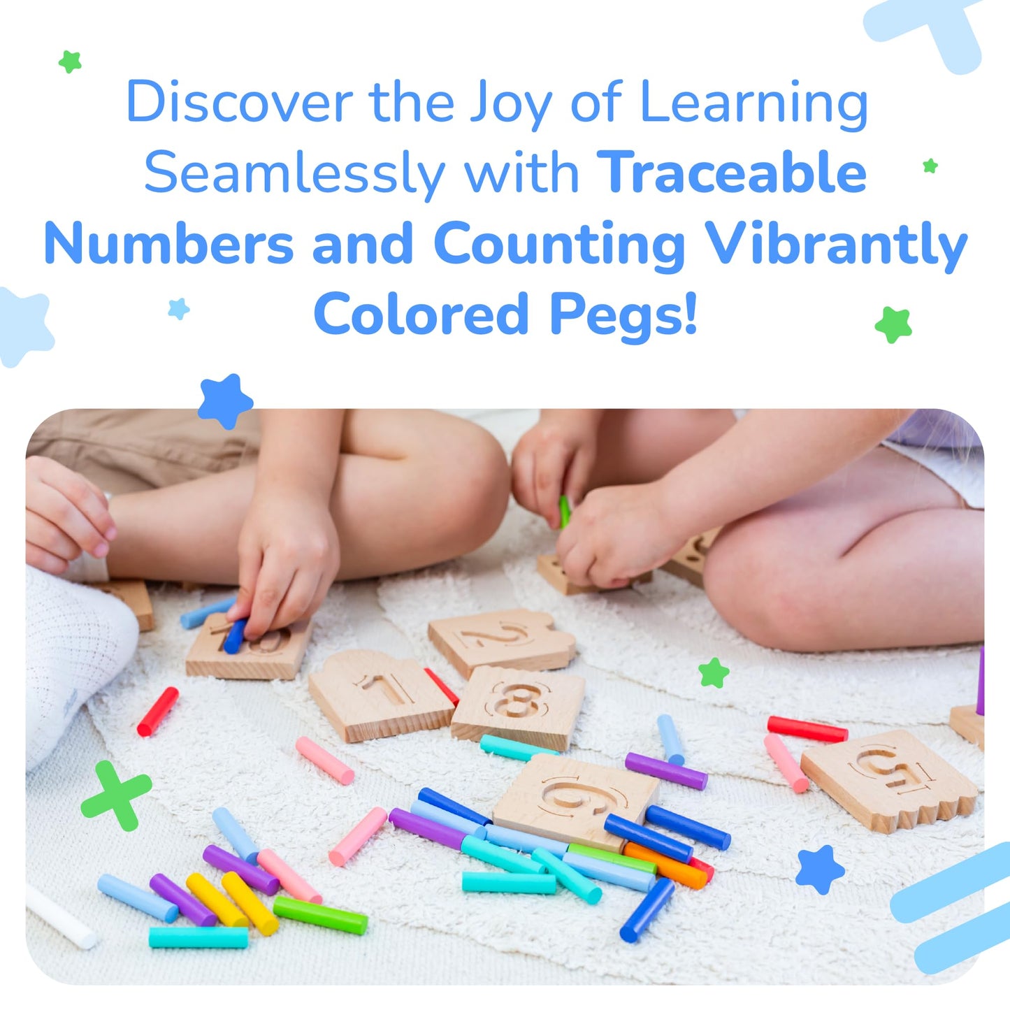 Bimi Boo Counting Peg Boards and Number Tracing for Kids - Wooden Montessori Arithmetic Math Toy Set for Toddlers and Preschoolers - Math Manipulatives for Kindergarten (55 Pegs, 10 Boards, 1 Pencil)