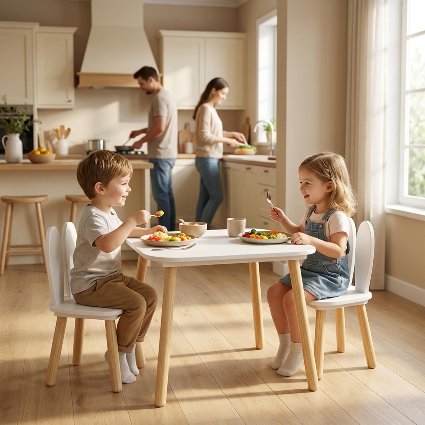 BRITEMART Kids Table and 2 Chairs, Wooden Stable Table and Chair Set (Rabbit), Ideal for Arts & Crafts, Snack Time, Homeschooling, Homework & More