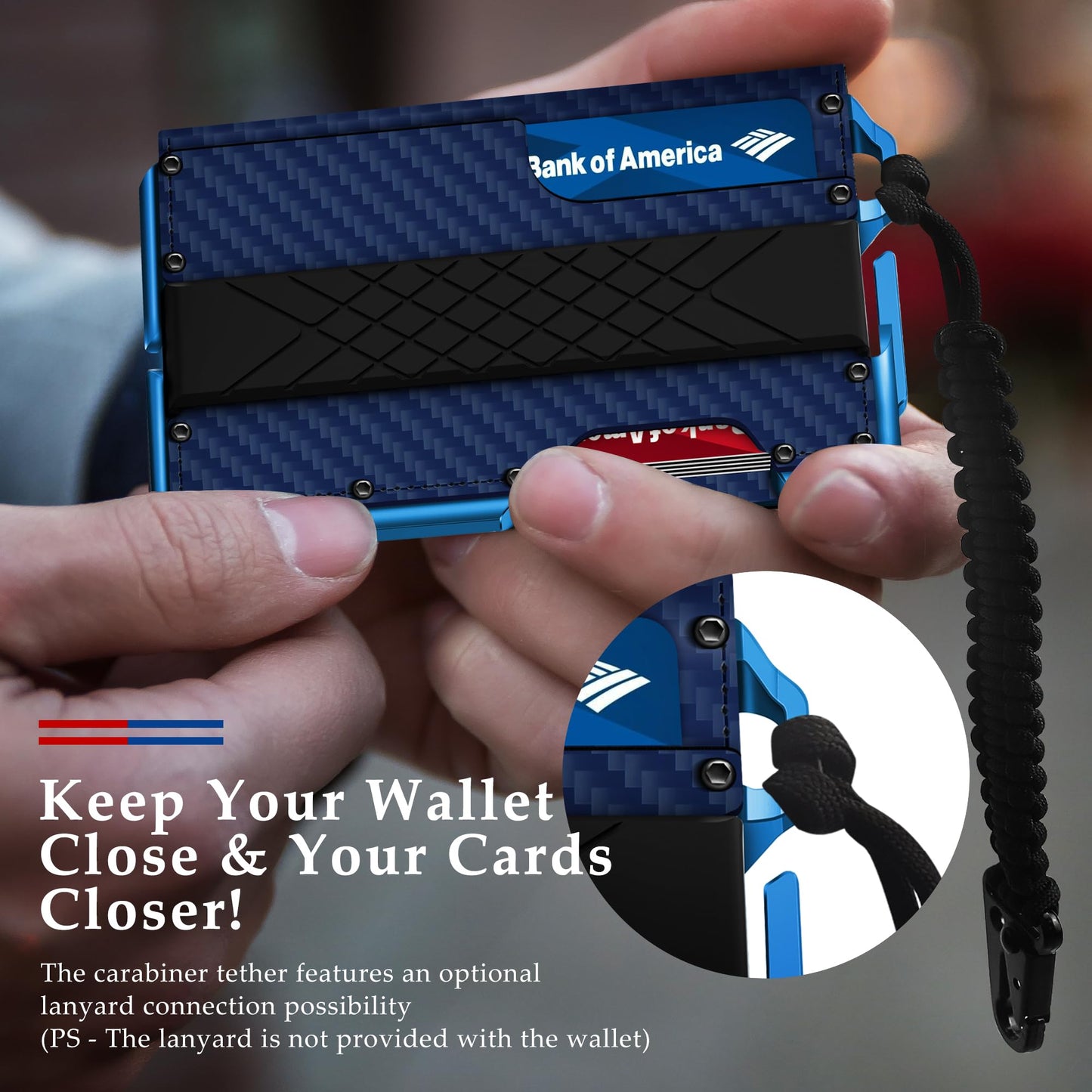 MURADIN Tactical Minimalist Wallet for Men, Slim RFID-Blocking Metal Card Holder, Front Pocket Men’s Leather Dapper Bifold Wallet with Money Clip (Carbon Fiber Blue)