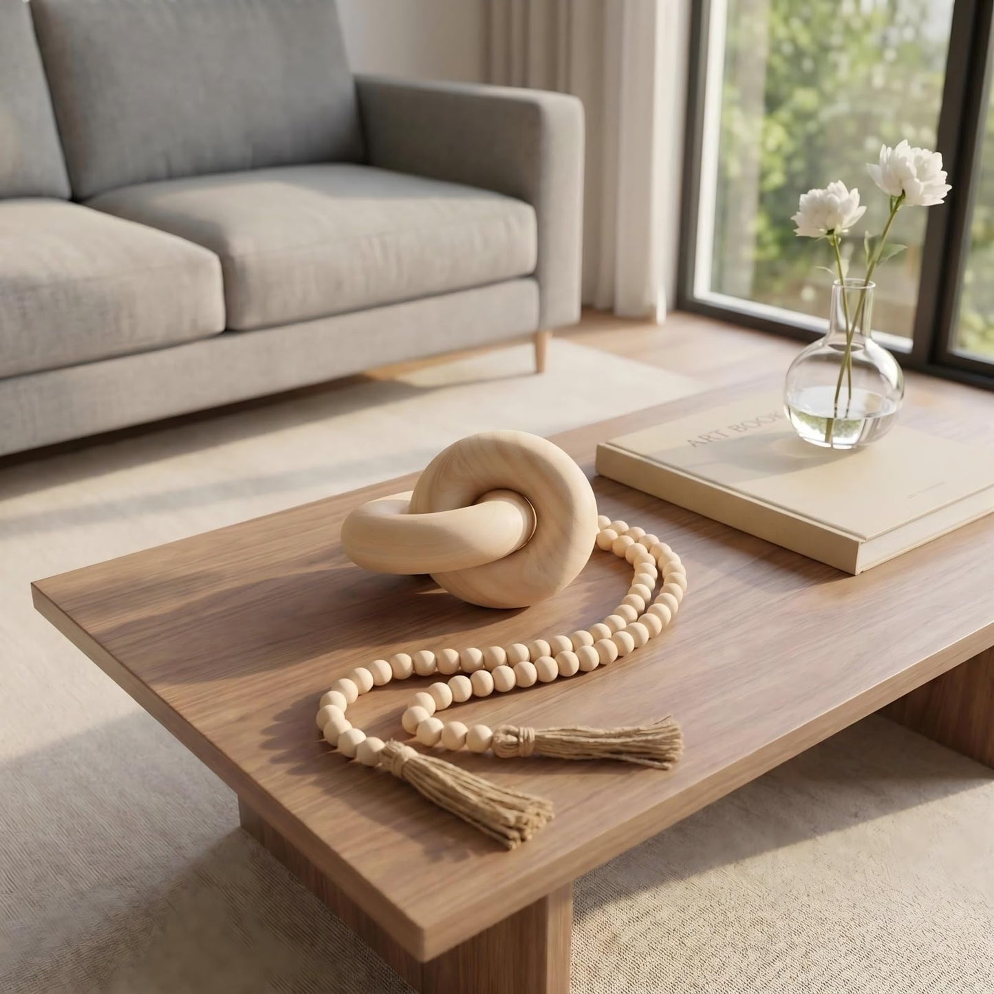 3 PCS Farmhouse Coffee Table Decor - Wooden Tray, Wood Knot Decor & Wood Bead Garland with Tassels, Ideal Tray Decor Items, Coffee Table, or Shelf Displays for Living Rooms, Bedrooms, or Entryways