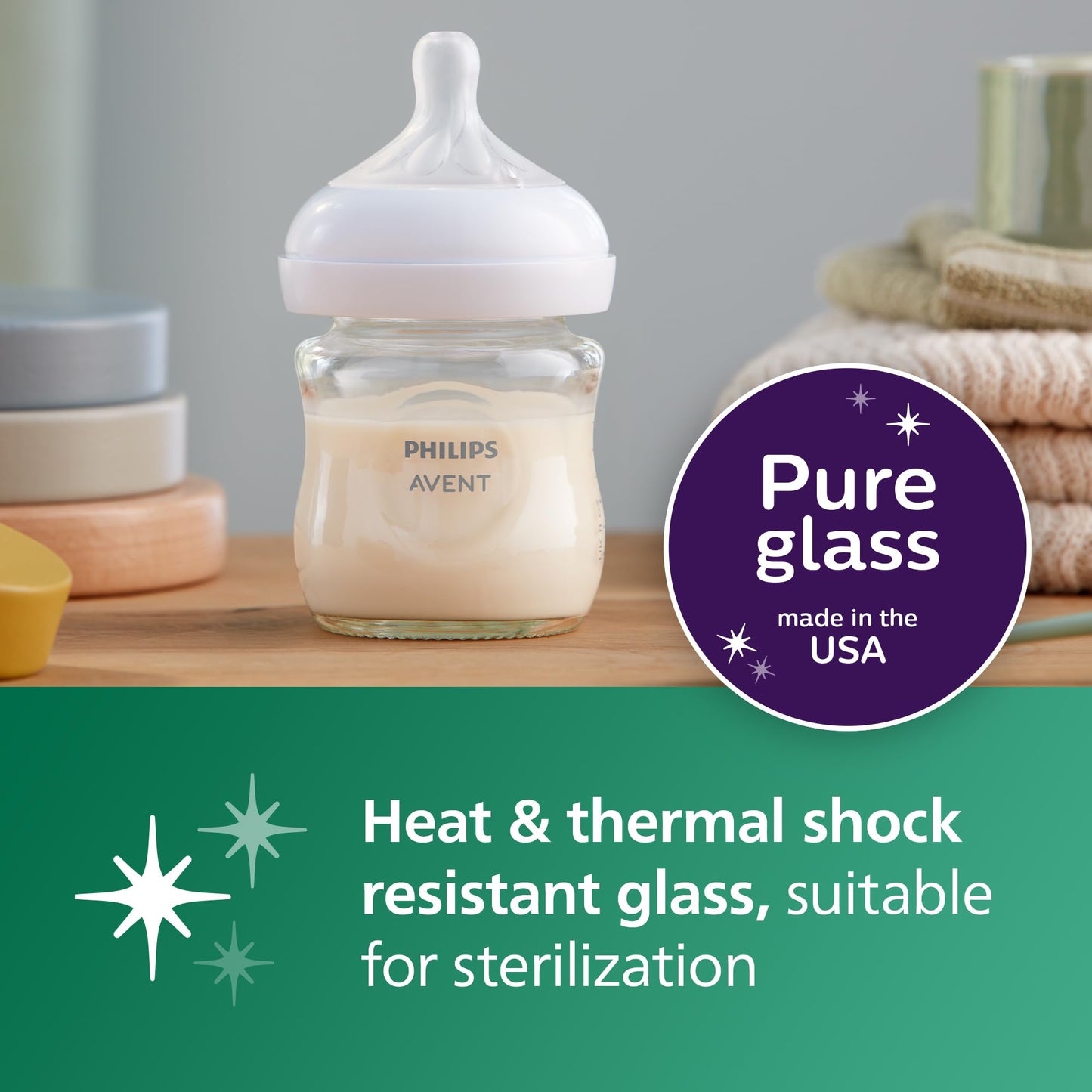 Philips Avent Natural Glass Baby Bottles with Natural Response Nipples (Slow Flow, Flow 2), 4oz, 4-Pack, SCY910/04