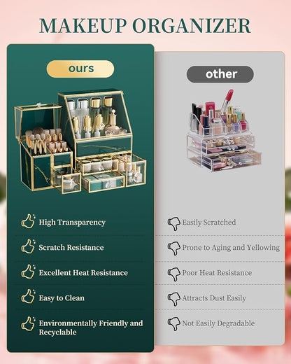 CoralHouse Vintage Green Glass Makeup Organizer with Lid, 3-Piece Vanity Organizer with Gold Frame, Cosmetic Display Case for Skincare, Perfume, Lipsticks, Brushes, Bathroom Countertop & Dresser