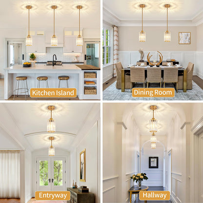 3 Pack Brushed Gold Pendant Lights Kitchen Island, Modern Crystal Kitchen Pendant Lighting Over Island Dining Room Light Fixtures Adjustable Hanging Pendant Light for Bathroom Hallway Foyer Bedroom