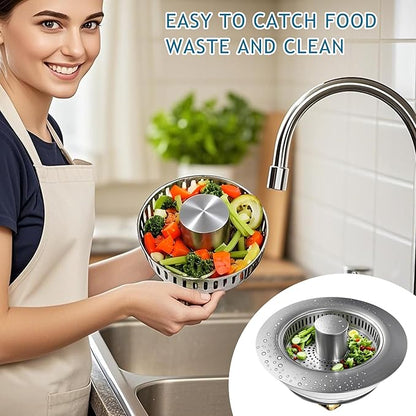 3-in-1 Kitchen Sink Drain Strainer & Stopper, Stainless Steel Food Catcher Plug