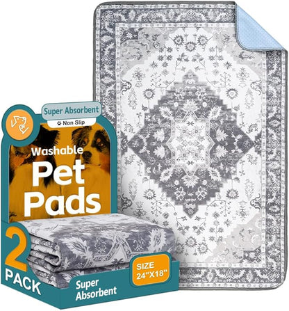 Washable Pee Pads for Dogs, 2 Pack Reusable Puppy Training Pads 24"x18" Super Absorbent Waterproof Dog Training Pads, Non-Slip Potty Pads, Whelping Pads Litter Mat Light Grey Medallion