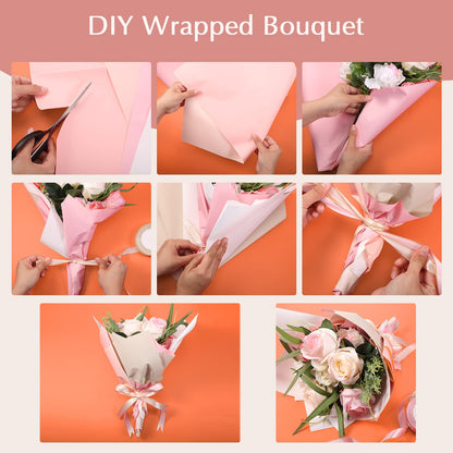 Gersoniel 36 Sheets Double Sided Waterproof Bouquet Wrapping Paper with 2 Rolls Satin Ribbon for Wedding Mother's Day 2026 Graduation Birthday DIY Flower Packing(Pink Series)