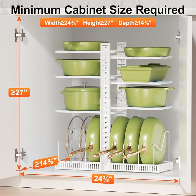 LAMU Pots and Pans Organizer under Cabinet, Pan Pot Organizers inside Cabinet with 6 Shelves and Pot Lid Organizer, Adjustable Height Up to 24", Holds up to 12 Pans, Lightweight Pots, White