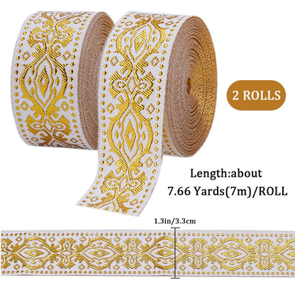 GORGECRAFT 15 Yards x 1.3 Inch Jacquard Ribbon Metallic Gold Ethnic Embroidered Woven Satin Roll Double Side Boho Fabric Floral Sewing Webbing Wrapping Strap Trim for DIY Crafts Home Curtain Decor