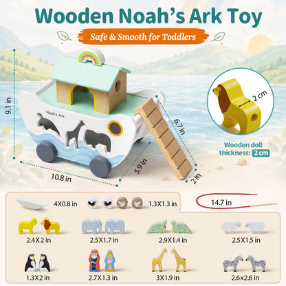 HASHMUST Wooden Noah's Ark Toy for 1 Year Old Baby Boy and Girl Gift - Pull Along Toddler Montessori Toy with Animal Shape Sorter Stacker for 1-3 Christmas Birthday Preschool Baptism Gift