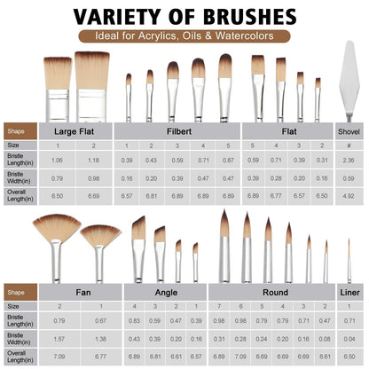 Legentura 25 PCS Paint Brush Set for Acrylic, Oil & Watercolor, Artist Brush Kit with Flat, Filbert, Fan, Round, Liner, Dagger & Angle Brushes, Synthetic Bristles, Roll-Up Case