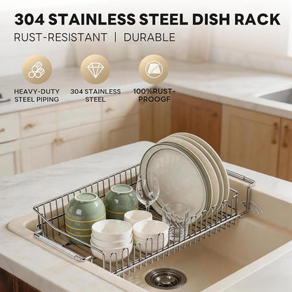 Dish Drying Rack in Sink, Extendable 304 Stainless Steel Dish Drainer for Kitchen Counter, Over The Sink with Utensil Holder, Corrosion Resistant Space Saving Drainage Basket