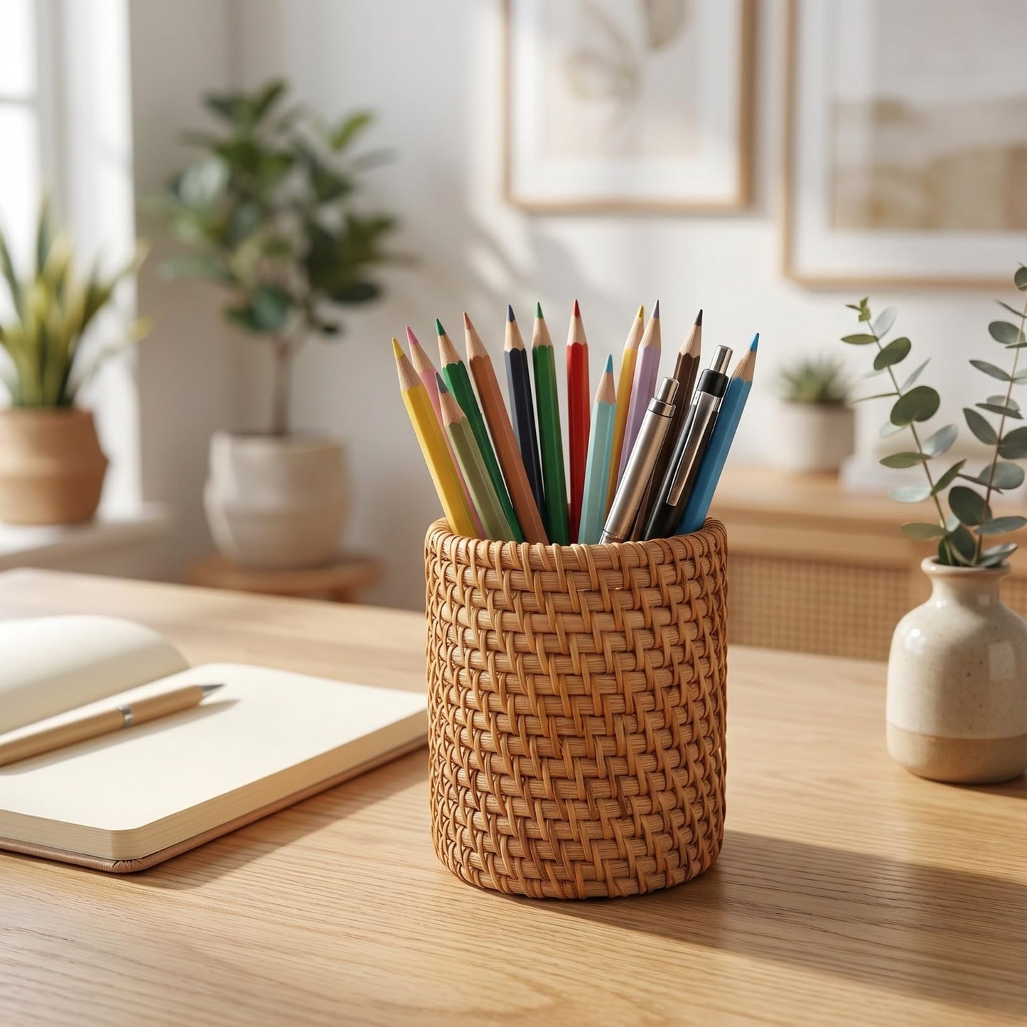 SEWACC 2pcs Rattan Pencil Holder, Handmade Wicker Pen Cups, Boho Pencil Organizer, Makeup Brush Storage for Desktop, Home Office Use