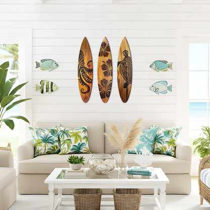 Yousoontic 3 Pcs Surfboard Wall Decor 23.6" x 5.2" Large Wooden Beach Room Surfboard Decor for Wall Summer Turtles Hibiscus Octopus Hawaiian Tropical Sign for Home Bedroom Party