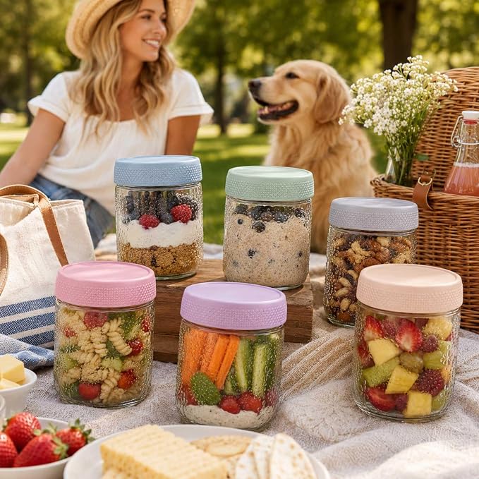 Glass Overnight Oats Containers with Airtight Lids, Decorative Mason Jars | Glass Food Storage Containers for Meal Prep, Chia Seed Pudding, Salad, Snacks, Yogurt, 6 pack16oz, Wide Mouth,Dishwasher Safe