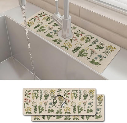 2PCS 15" X 5.5" Kitchen Sink Splash Guard Faucet Mat Floral Super Absorbent
