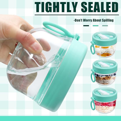 Gerrii 4 Pcs Overnight Oats Container with Lids and Spoons, 20 oz Plastic Overnight Oats Jars Large Capacity Airtight Yogurt Container for Milk, Fruit, Cereal and Salad Storage (Cyan)
