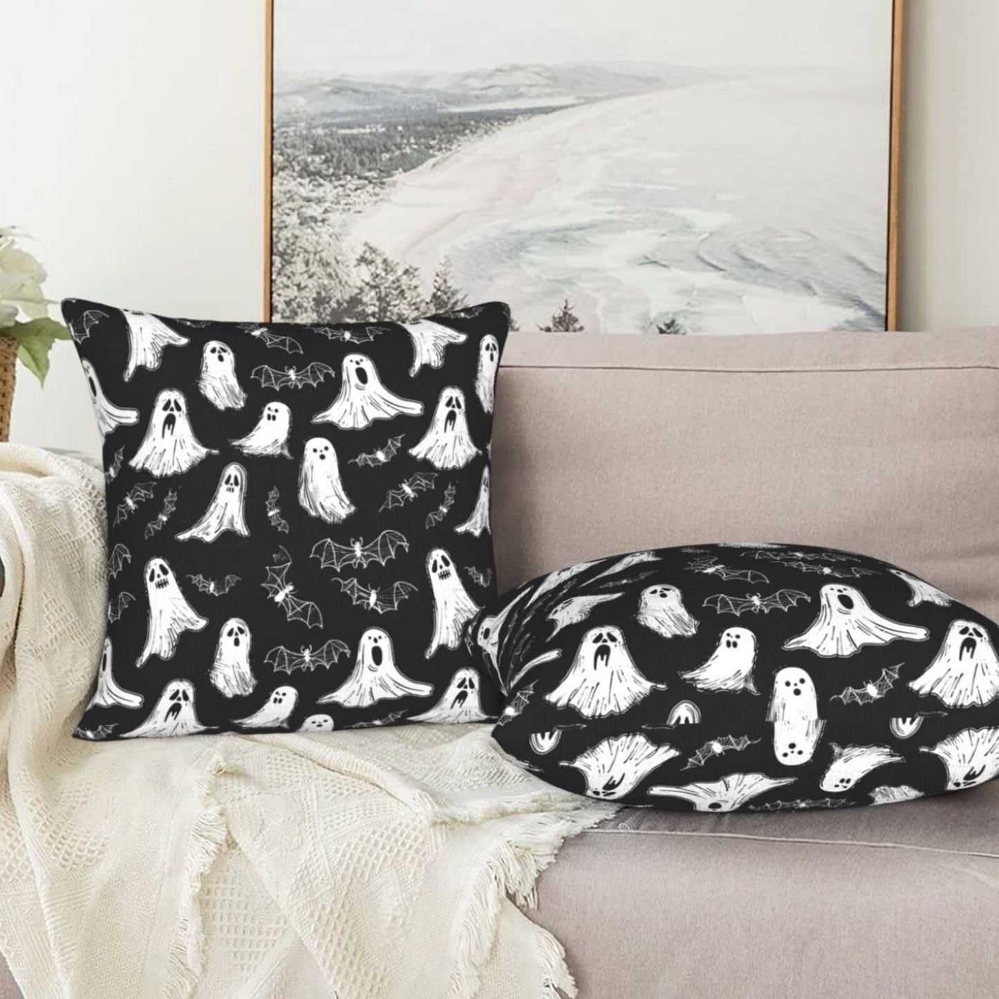 Famame Decorative Pillow Covers Set of 2 Ghost Bats Cute Halloween Throw Pillows Cover 18x18 inch Square Pillowcase Couch Cushion Cases for Sofa Living Room Bedroom Home Decor