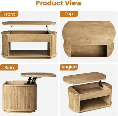 FABATO Oval Lift Top Coffee Table with Storage, Mid Century Modern Coffee Table for Living Room, 2 Tier Center Table with Lift-Top, 41.7" Fluted Wood Table for Reception Room, Home Office, Wood