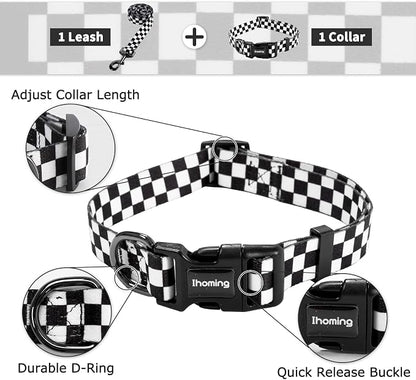 Ihoming Dog Collar and Leash Set for Daily Outdoor Walking Running Training, Chess Board Design for Medium Boys Girls Dogs Cats Pets, M-Up to 45LBS