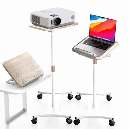 YUMFUN Rolling Laptop Floor Stand, Dual-Purpose for Desk & Floor, Adjustable Height from 16.5" to 51", with 4 Lockable Casters & Book Page Clips, Portable Laptop Stand (White Ash Finishing)