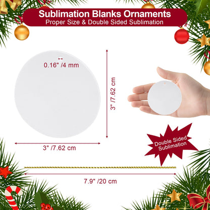 Sublimation Blanks Ornament Round 3" - 90 Sets Heat Transfer Items with Strings - Custom Double Sided Keepsake for Christmas Tree Home Decoration or Daily Memorial Gifts