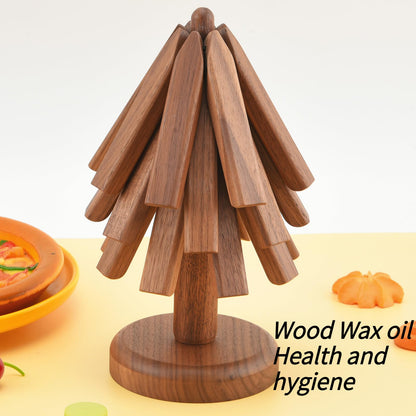 Wooden Tree Trivets for Hot Dishes, Tree Coasters Set for Hot Pot, Bowl, Teapot – 3 Wood Trivets + 1 Stand (Black Walnut, Color Box)