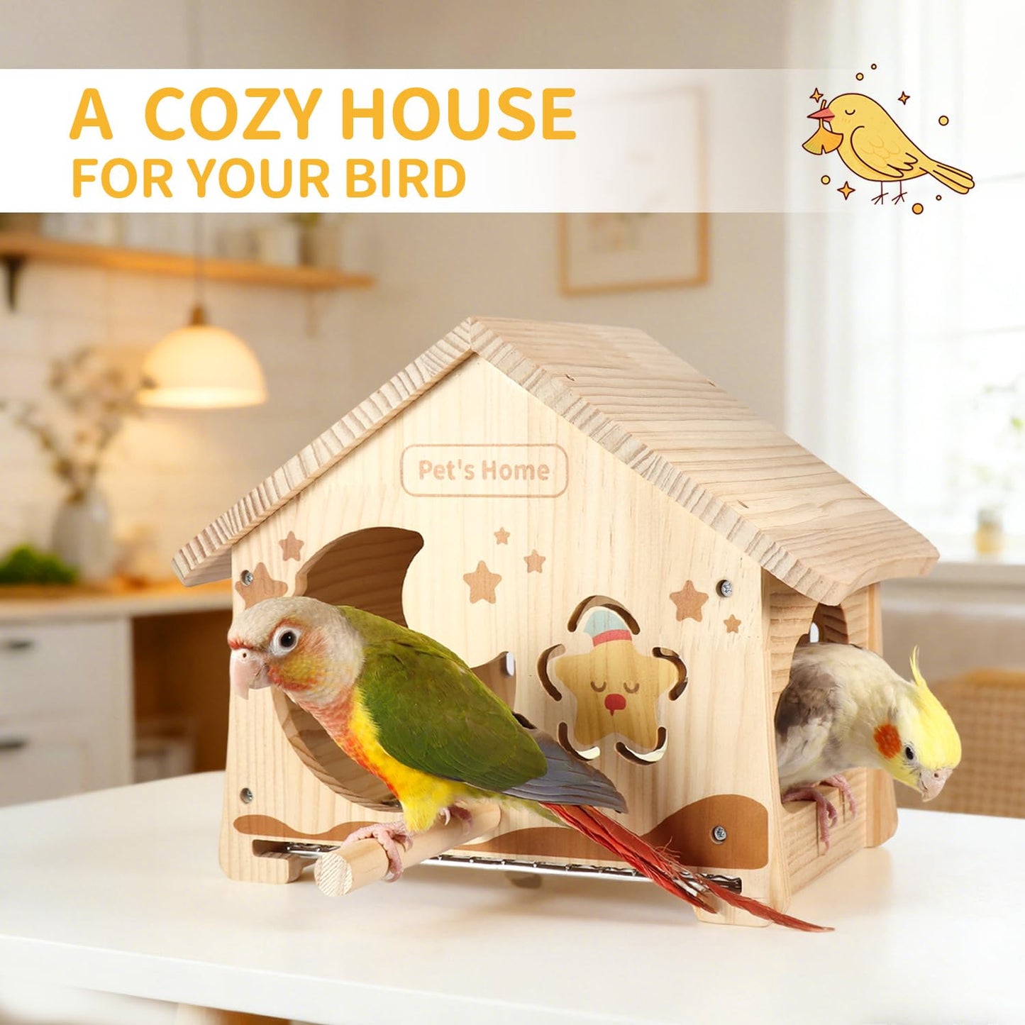 Wooden Bird House with Removable Tray, DIY Paintable Birdhouse for Lovebirds Budgies Cockatiels Conures, Cozy Bird Nest for Indoor Outdoor Use (Wood Tray (Standard))
