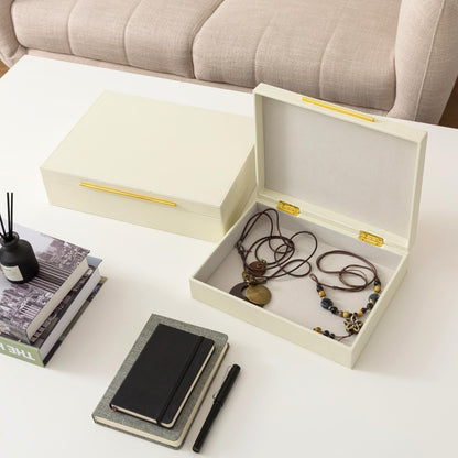 Soul & Lane Faux Leather Decorative Boxes with Lids and Gold Hardware for Home Decor, Set of 2 Stacking Hinged Boxes for Coffee Table and Living Room Shelves, Nesting Remote Control Holder, Ivory