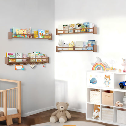Dixryaus 34Inch Nursery Book Shelves Wall Mounted, Floating Book Shelf for Kids Coat Rack with 6 Hooks, Wall Hanging Shelf for Baby Nursery Room Organizer ，Patent Number:US-D1058229-S(4, Light Brown)