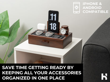 Holme & Hadfield Premium Wooden Phone Docking Station with Drawer – Nightstand Organizer for Charging Phone & Earbuds – Declutter Your Space with Felt-Lined Protection & Watch Pillar - Gift for Men