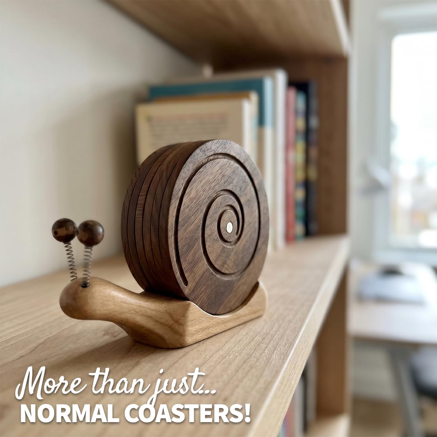 Snail Wooden Coaster Set - 6-Piece Handcrafted Walnut Drink Coasters with Magnetic & Holder - Rustic Table Decor for Home Bar, Cabin, Coffee Table & Housewarming Gifts