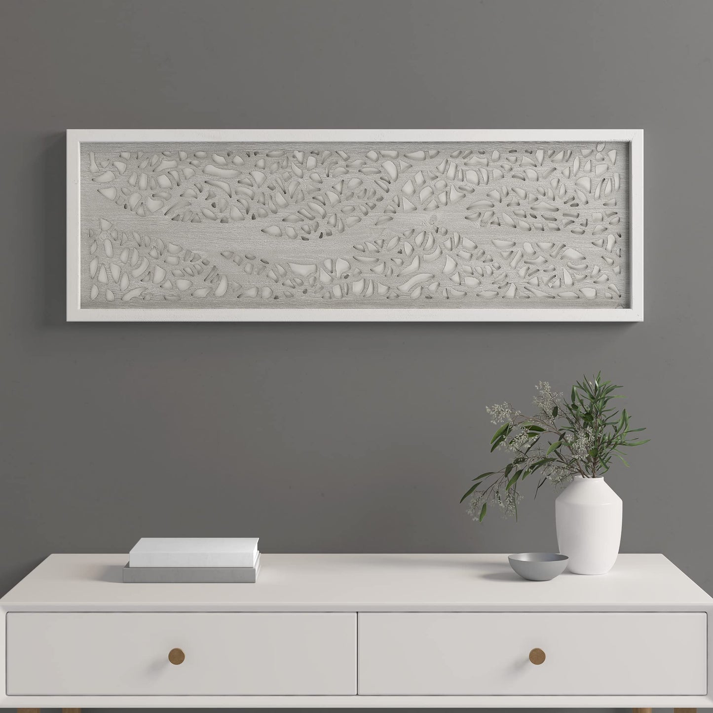 Madison Park Laurel Wall Art - Laser Cut Carved Botanical Tree Branches, Genuine Fir Wooden Framed, Rustic Finish - Modern Farmhouse Décor for Living Room, Ready to Hang Panel, 12 x 36, Natural Grey