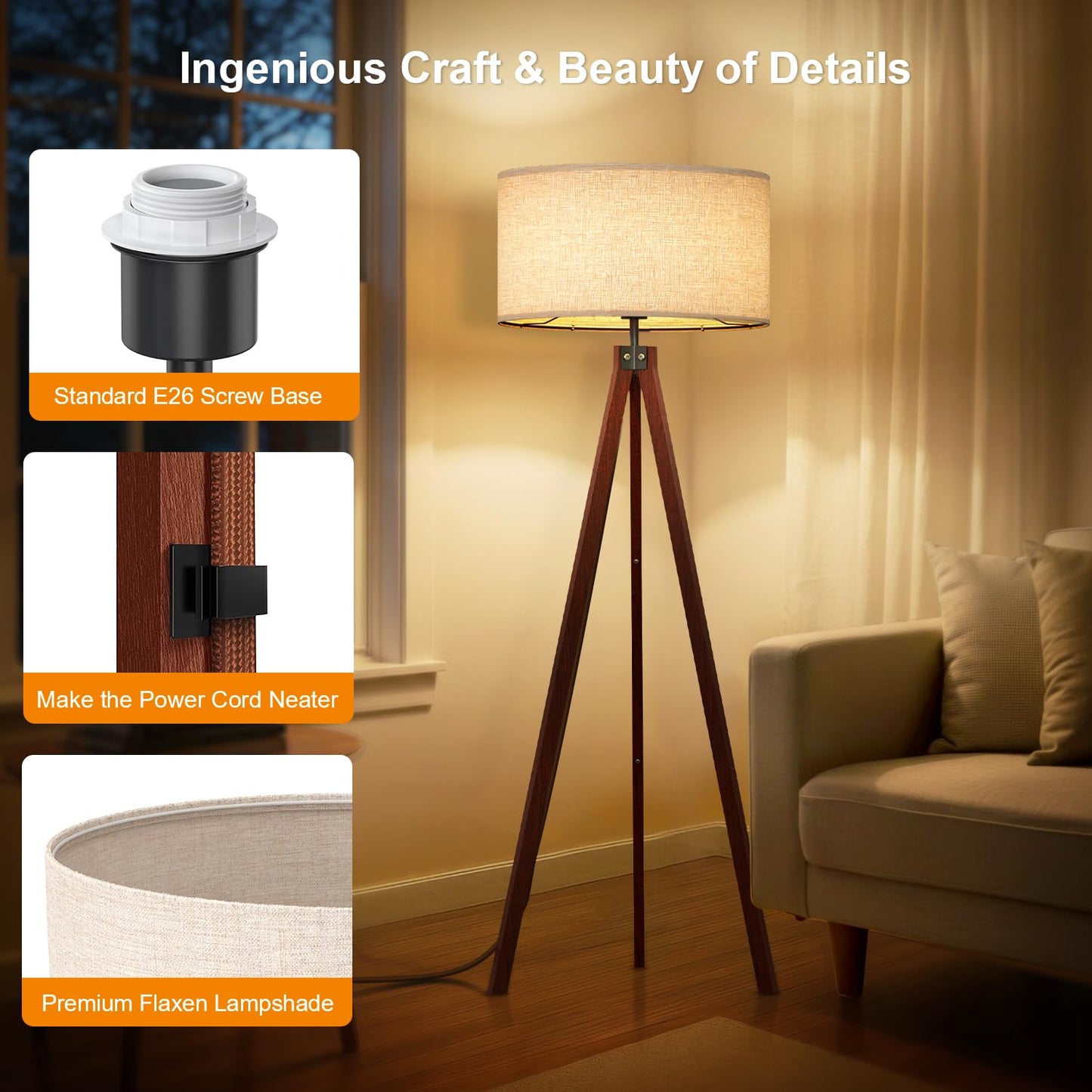 LEPOWER Wood Tripod Floor Lamp, Mid Century Standing Lamp, Modern Design Studying Light for Living Room, Bedroom, Study Room and Office, Flaxen Linen Shade with E26 Base Brown