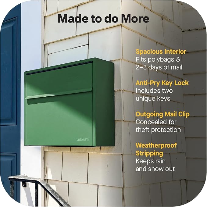 Adoorn Lockable Wall Mount Mailboxes for Outside - Small Anti-Theft Locking Mailbox for Letters - Weatherproof Construction - Durable Steel - 13.5" H x 15" L x 5.5" D - Forest Green