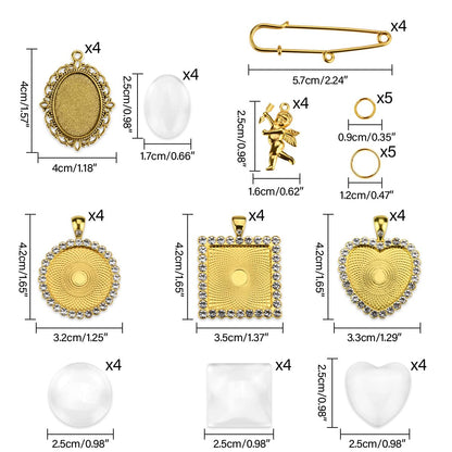 50PCS Wedding Bouquet DIY Photo Charm Rhinestone Pin Brooch Making Kit Memorial Picture Charm with Clear Glass Cabochons Cupid Pendant Jump Rings for Craft Jewelry Making