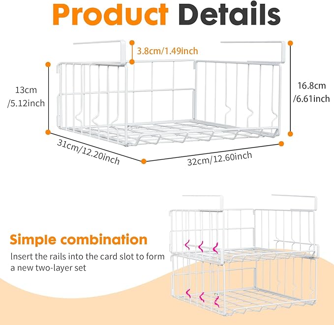 Hanging Under Shelf Storage Basket, 4 Pack Foldable Under Cabinet Metal Desk